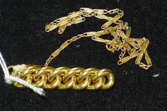 18ct gold curb-link bar brooch and a yellow metal fancy link chain